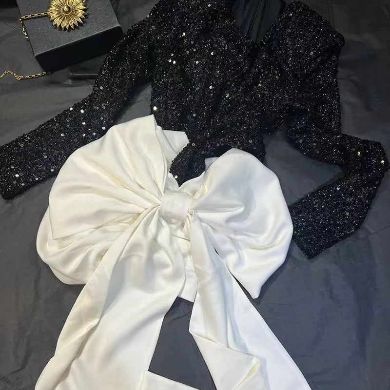 Damen-Patchwork-Kleid mit Pailletten, langärmelig, Rundhalsausschnitt, figurbetonter Rock mit Farbblockierung, hochwertiges Abendkleid, Herbst, Neuankömmling,