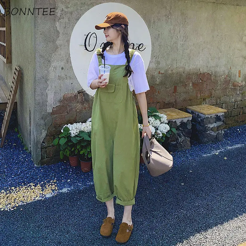 Green Jumpsuits Women Summer Lovely Girls Trendy Korean Pockets Daily Pure Color BF Style Student All-match Streetwear New Cargo