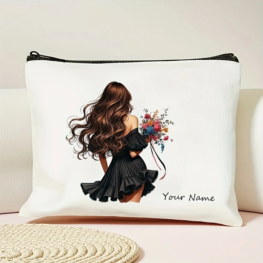 Personalized Name Girl & Floral Durable Cosmetic Travel Pouch -Lightweight Foldable Large Capacity Machine-Washable Open Top Bag