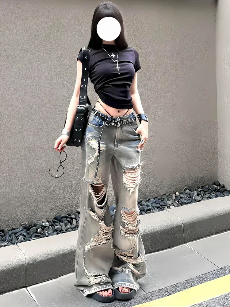 جينز ممزق كبير الحجم مقاس سمين أمريكي ريترو سبايس جيرل مغسول جينز نسائي صيفي جديد فضفاض واسع الساق