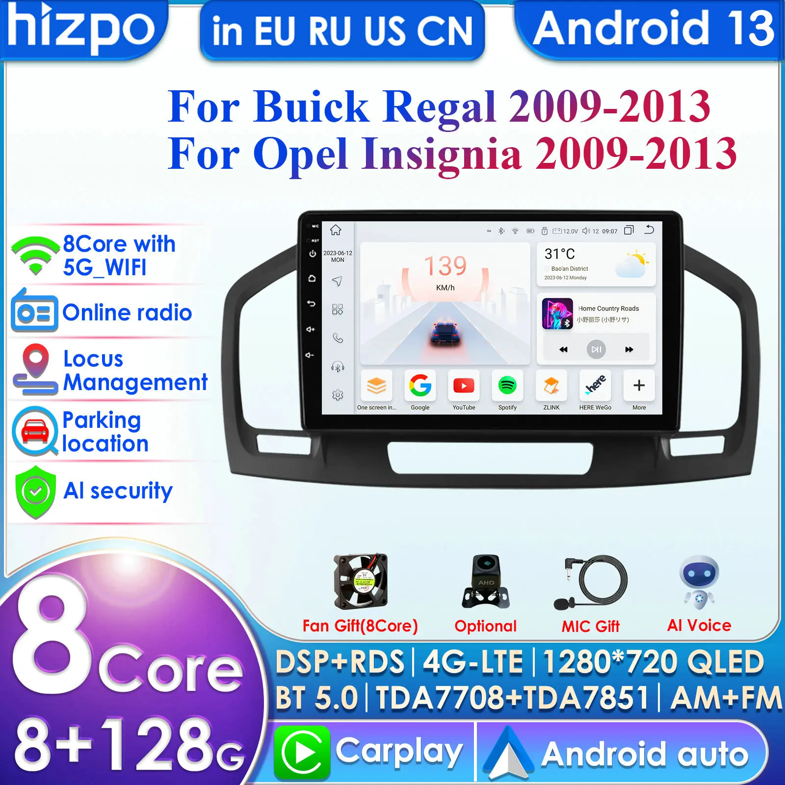 Hizpo Carplay 4G 9'' 8+128 2din Android Car Radio for Buick Regal 1 Opel Insignia 2009-2013 Multimedia Video Player AutoRadio BT