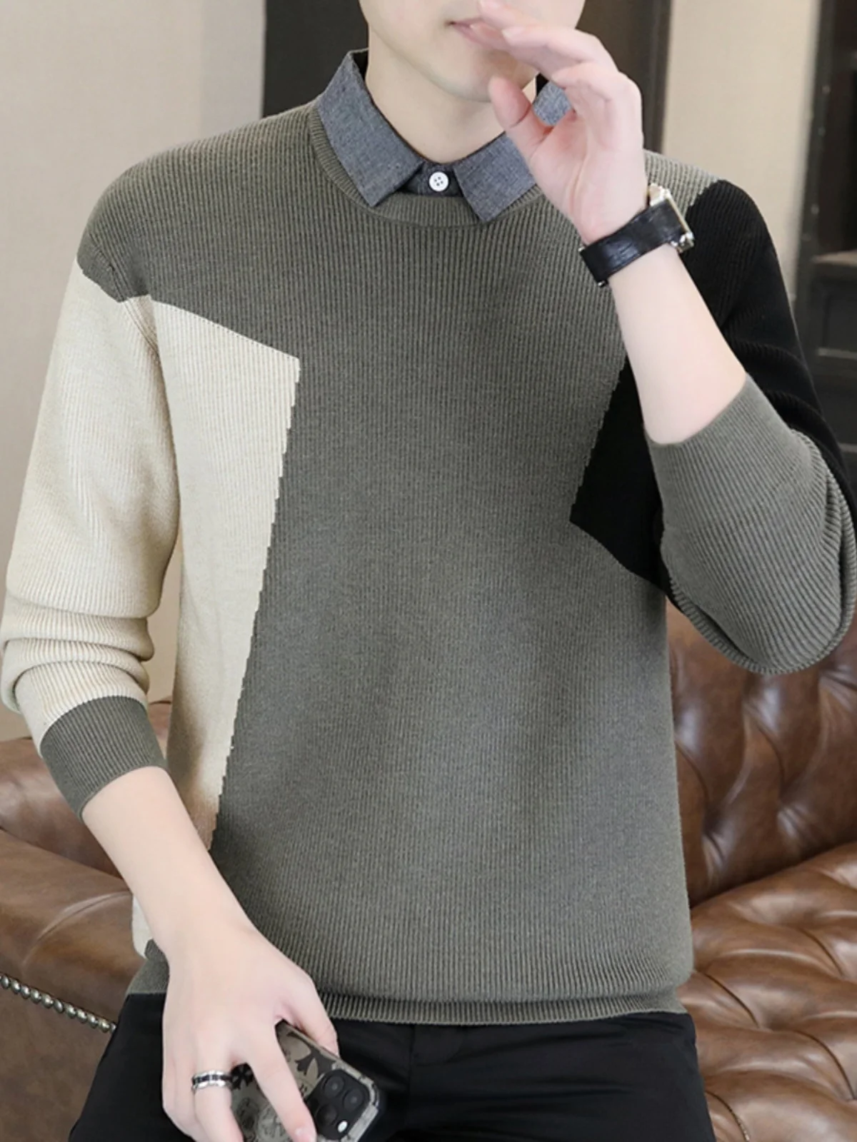 

Мужской повседневный вязаный свитер с воротником-стойкой, осенне-зимний, модный, молодежный, из смесового полиэстера, с длинным рукавом, базовый слой
