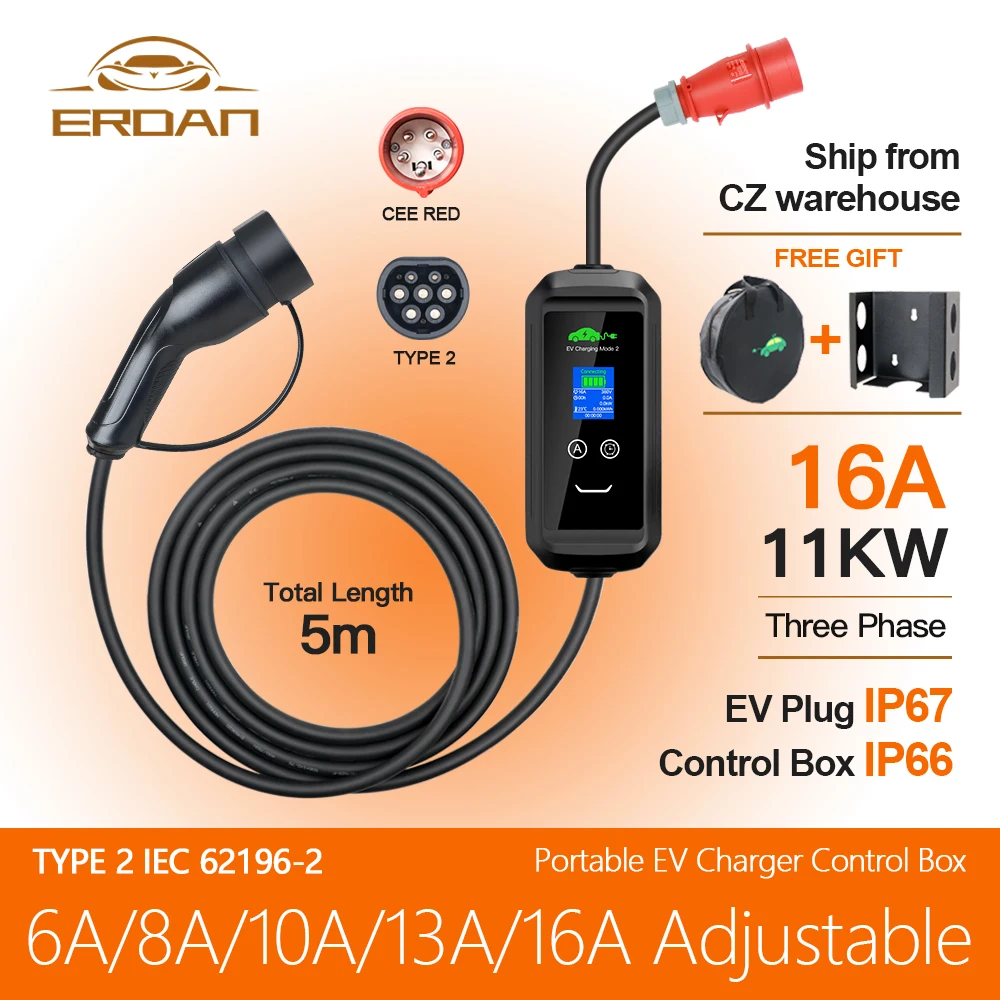 

ERDAN 16A 3-фазное портативное зарядное устройство для электромобилей Type2 EV Charging Wallbox IEC 62196 11KW EVSE Charging Box CEE Plug для электромобиля