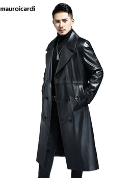 Men's PU Leather Trench Coat 3 Mauroicardi Spring Autumn Long Cool Waterproof Black Pu Leather Trench Coat Men Double Breasted Plus Size Outerwear 4xl 5xl 2022 3