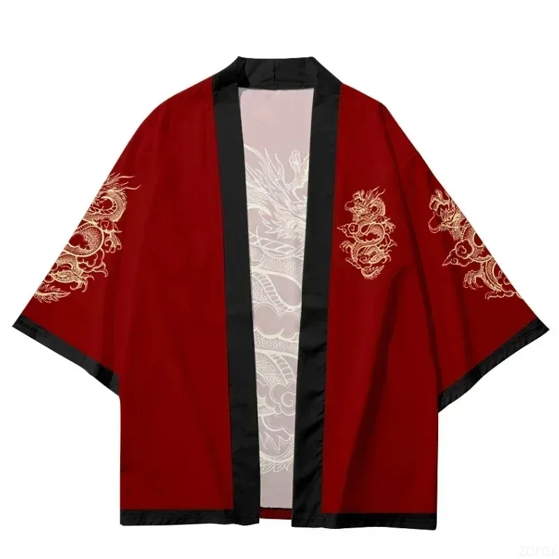 Vintage Red Golden Dragon Cloud Graphic Print Haori Kimono Cardigan Summer Casual 1/2 Sleeve Open Front Yukata Cover Up