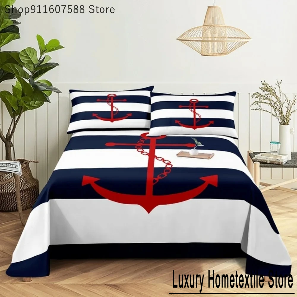 Boat Anchor Blue And White Stripes Bed Sheet Set 3D Printed Navy Bed Flat Sheet With Pillowcase Bed Linen King Queen Size