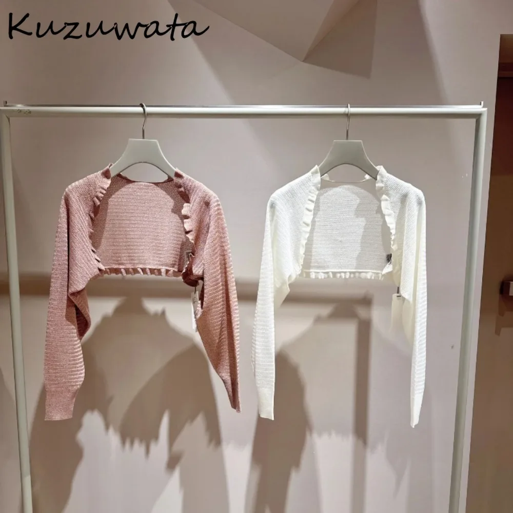 Kuzuwata 2024 Summer New U Neck Long Sleeve Sweaters All-match Sweet Fungus Casual Moda Cardigan Japan Knit Elegant Cute Jumper