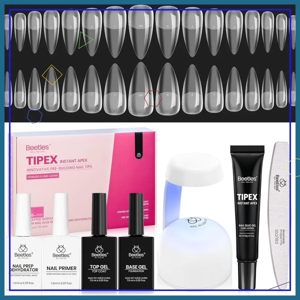 Kit de pointes d'ongles en acrylique moyen Stiletto avec colle, déshydrateur, apprêt, base et couche de finition, mini lampe UV en 16 tailles