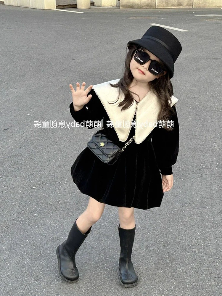 Dress Casual Dresses Korea Childrens clothing Girls velvet Flower bud skirt children Shawl collar Plush sweet simple