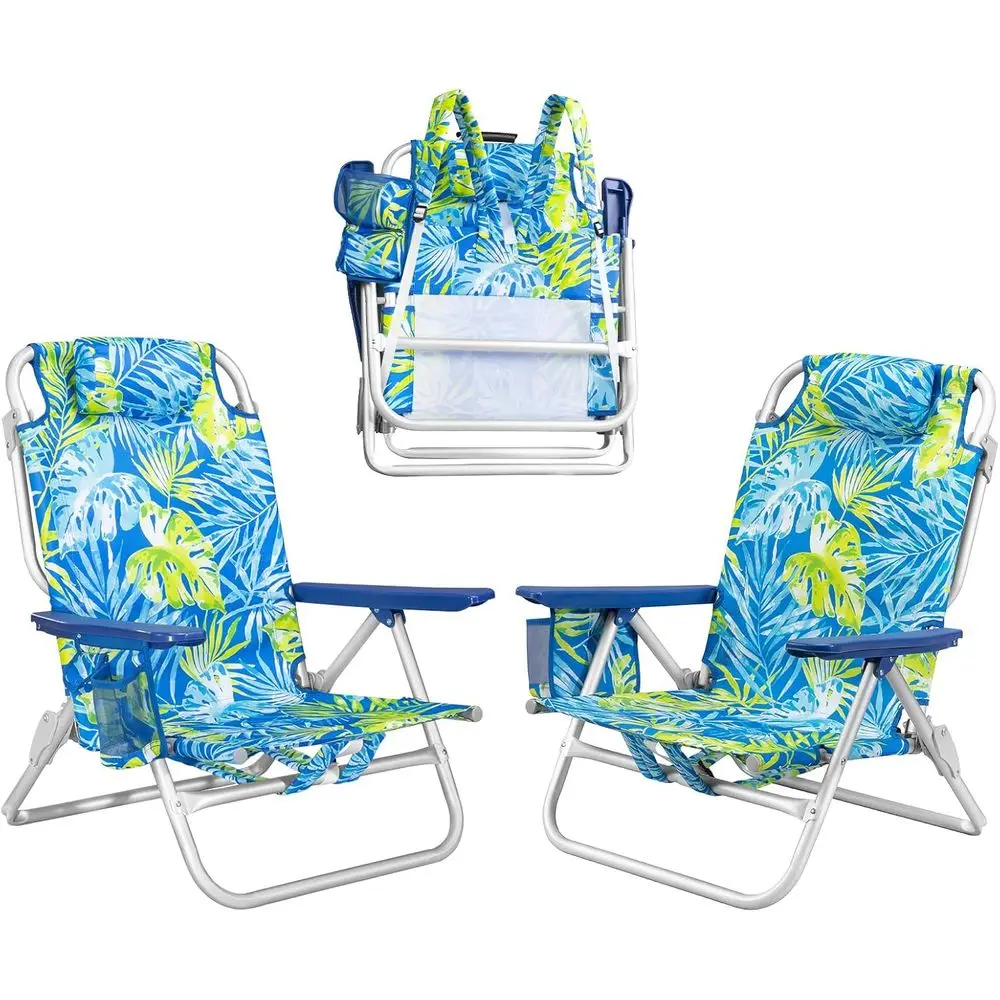 Double Pack Heavy-Duty Beach Chairs with Storage, Cup Holder, and Towel Rack - 300lbs Capacity, Green