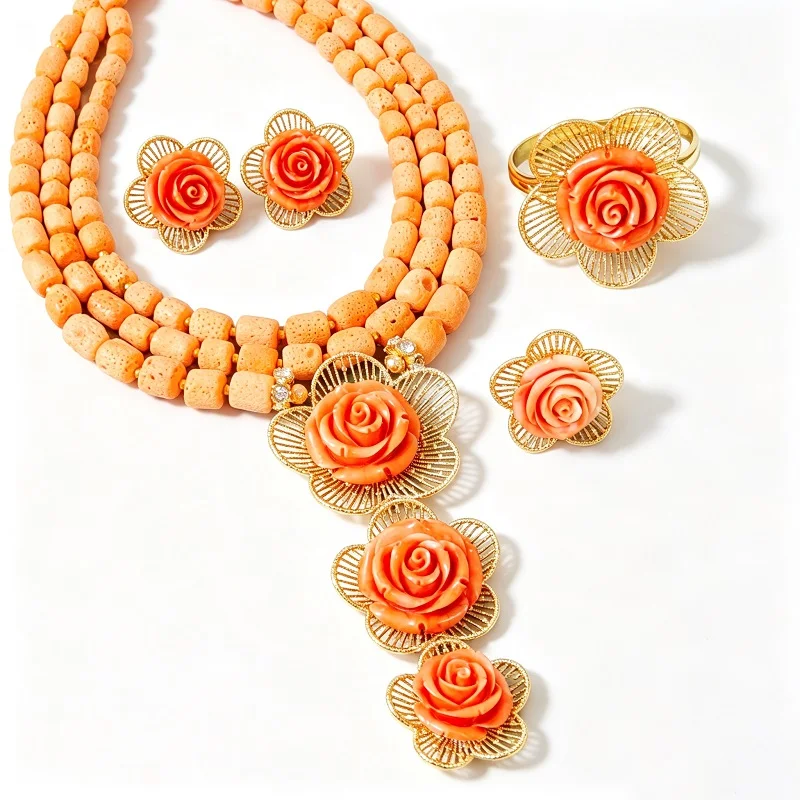 2026 4Pcs Flower Pendant Necklace Bangle Earrings Ring African Nigerian Wedding Coral Beads Jewelry Sets