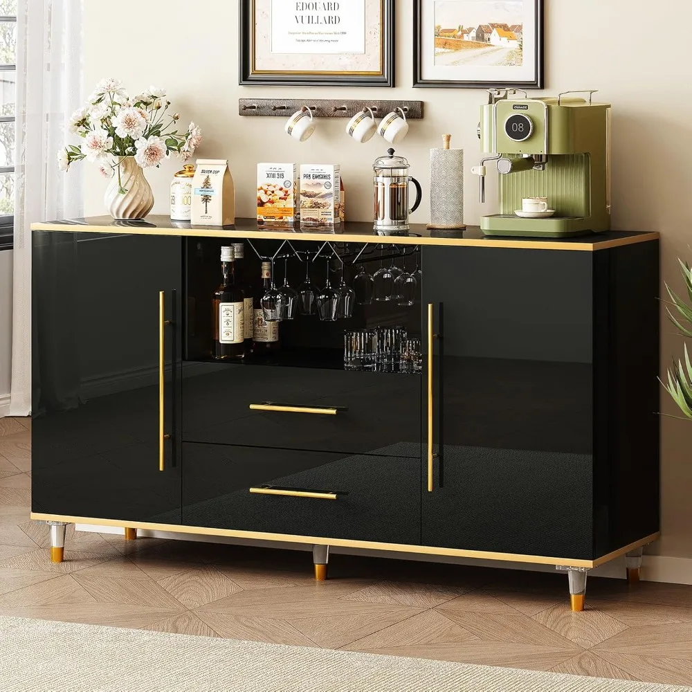 

Buffet Cabinet, 55" Kitchen Sideboard Cabinet with 2 Drawers and Wine Glass Holder, High Glossy Sideboard Storage Shelves.