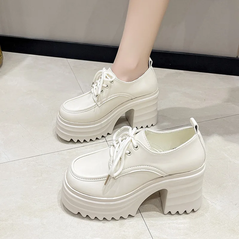 Gothic Chunky High Heels Loafers for Woman 2024 Spring New Leather Platform Loafers Female Solid Color Thick Heeled Lolita Shoes