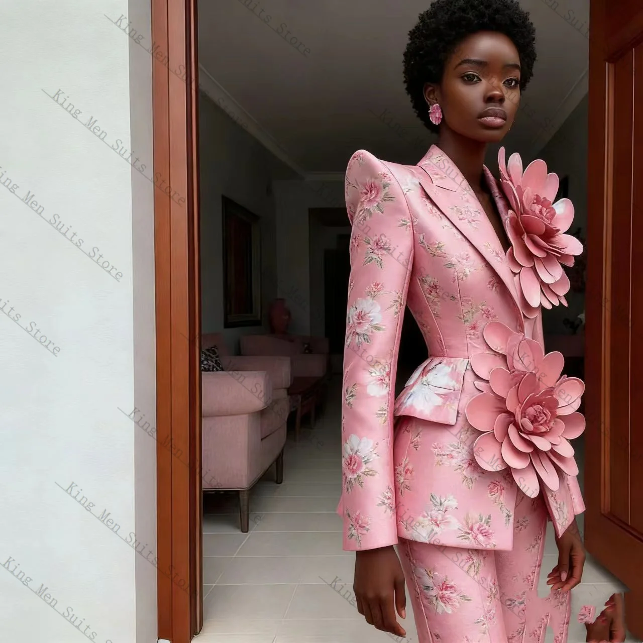 Printed Pink Women Suit Set 2 Pcs Blazer+Pants Trousers Spring 3D Flower Customized Formal Guest Wedding Tuxedos Coat Jacket