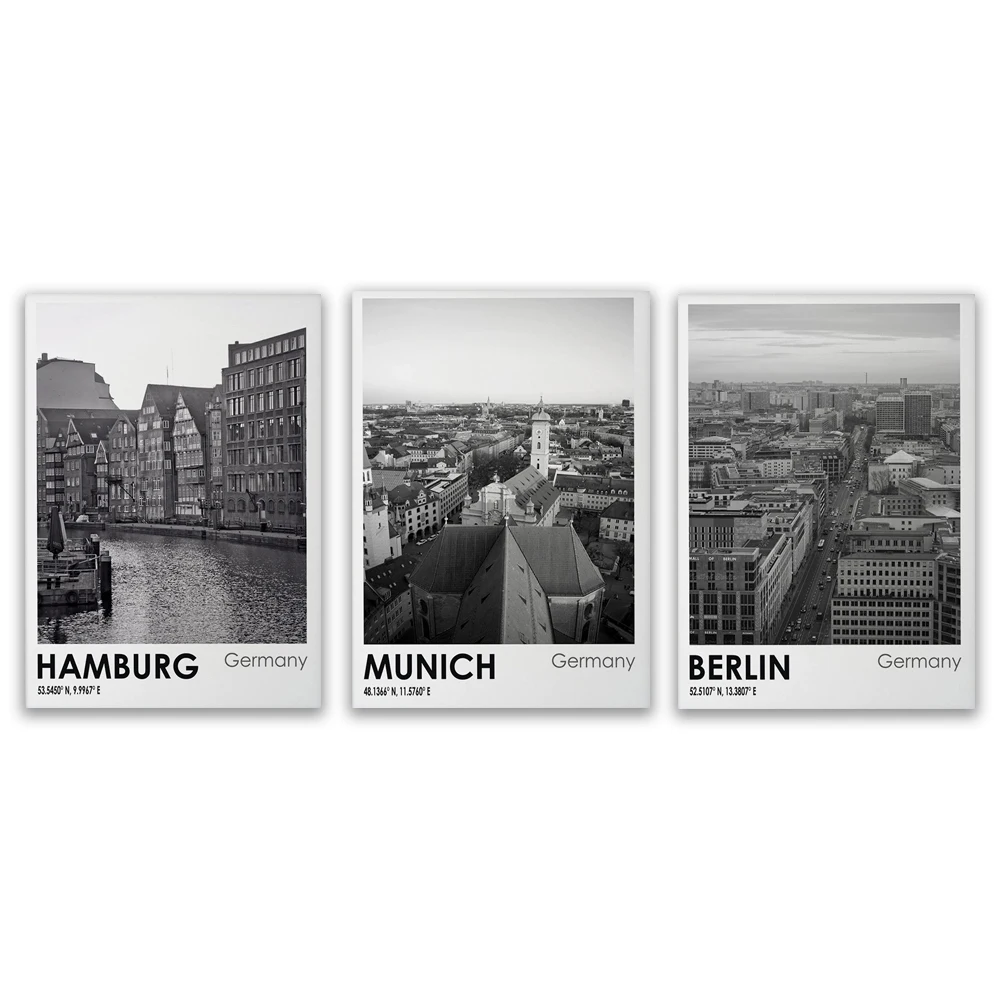 Germany City Travel Photo Black And White Art Poster - Berlin Munich And Hamburg Canvas Print Picture Home Decor