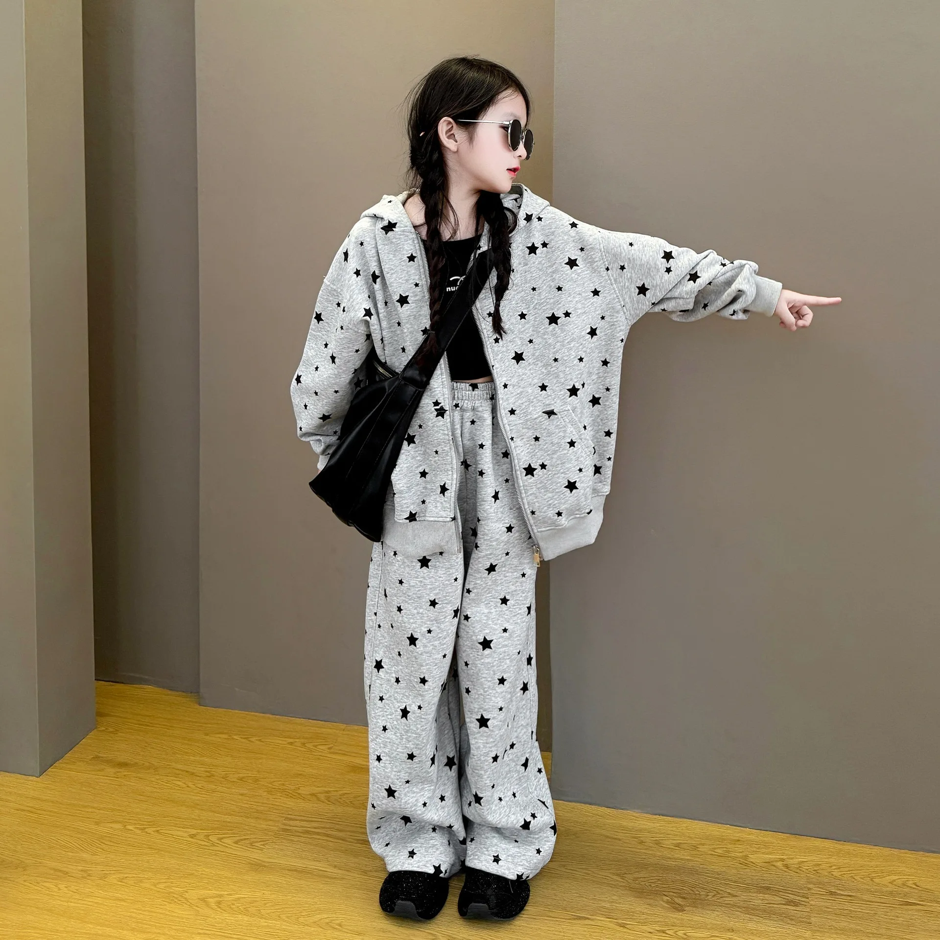 Teenager Girls Sport Suit Hooded Knitted Jacket Wide Leg Pants 2pcs Autumn Childrens kids Autumn Sportswear Clothes Suit Outfits 3