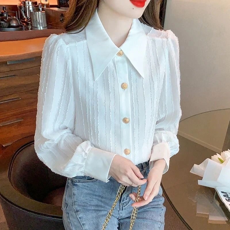 

Женская элегантная белая блузка с длинным рукавом во французском стиле с воротником 2026, модный дизайн, шикарная повседневная рубашка для офисной повседневной носки ​
