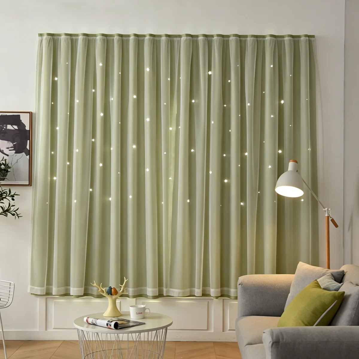 1 Pair Fresh Green Star Cutout Double Layer Curtains, Dreamy Romantic Girly Style, Light Block Thermal Window Cover for Living R
