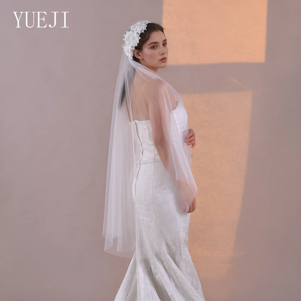 yueji単層フィンガーチップ丈韓国ブライダルフラワーベールコームフリーレースフラワーエレガントでロマンチックなウェディングベールv253