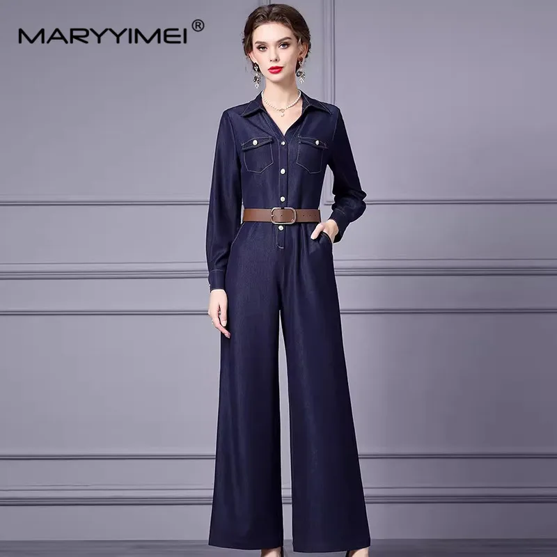 MARYYIMEI Women's Autumn and winter Turn-Down Collar Long-Sleeved Single-breasted Wide leg pants Fashion Jumpsuits With Belt