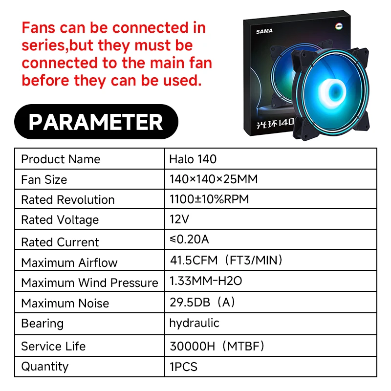 

140mm FDB Bearing High Airflow for Water Cooling, Low Noise Design SAMA Halo 140 Black ARGB Fan
