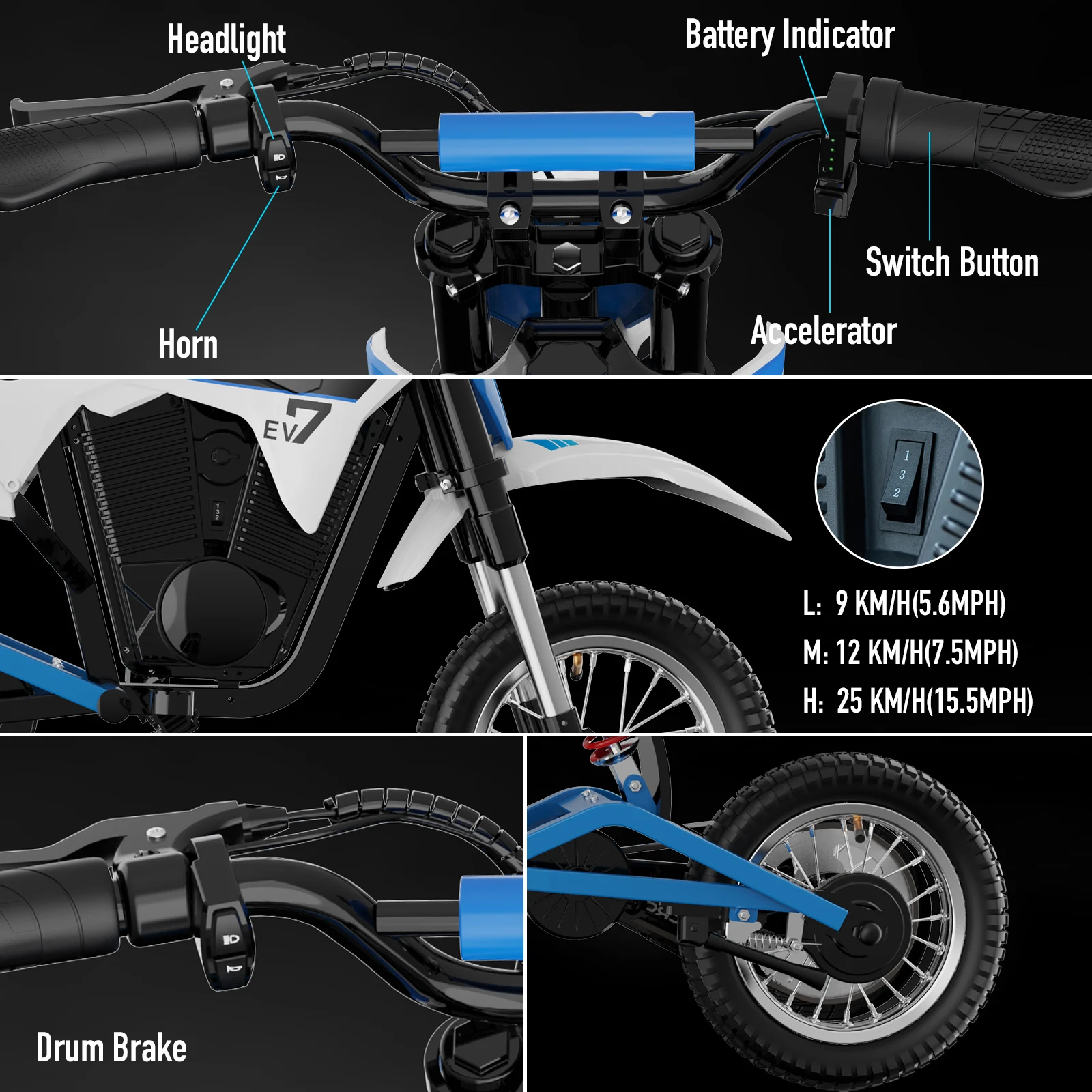 دراجة نارية كهربائية للأطفال ، EVERCROSS ، EVTECH 12M Pro ، من 25 كم/ساعة ، 15 كم/ساعة ، عمر البطارية ، بلوتوث ومضاءة ليد ، 12 في الإطارات