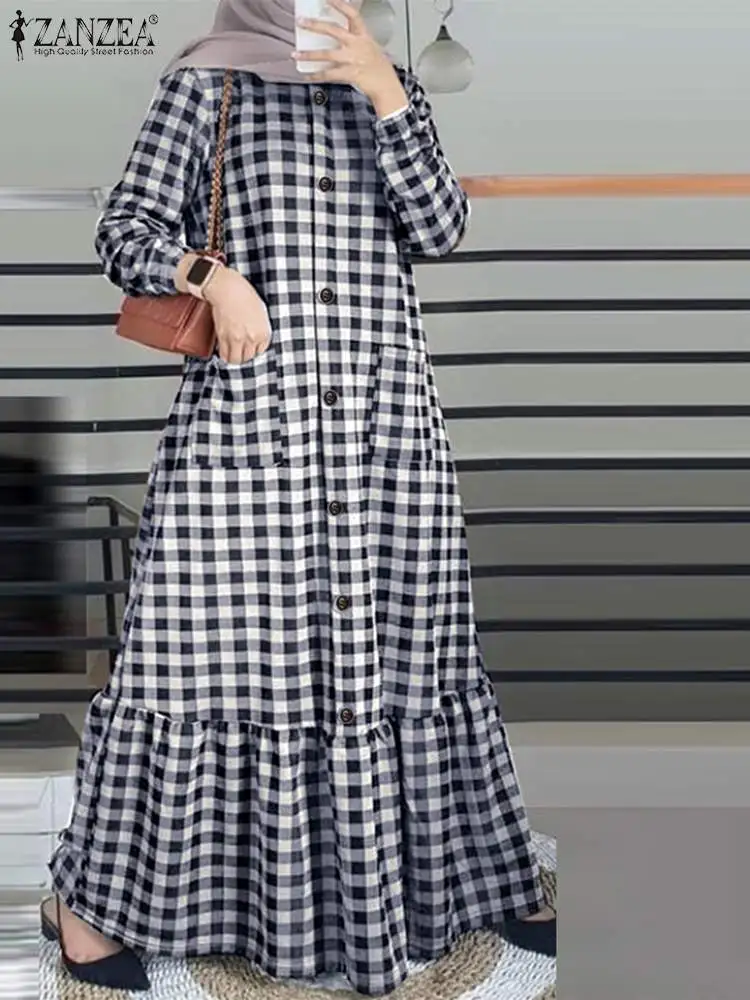 

ZANZEA Autumn Plaid Checked Sundress Vintage Women O Neck Long Sleeve Muslim Dress Casual Flounce Abaya Hijab Vestido Robe Femme