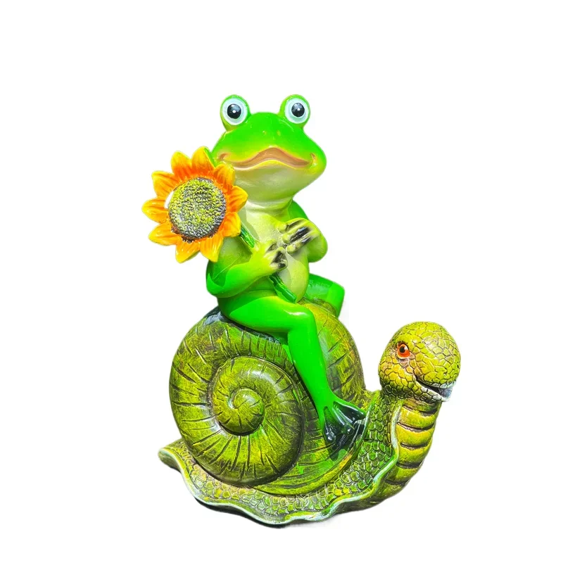1pc cartoon frog riding snail statue, animal outdoor garden resin crafts, art decorations, landscape garden sculpture.