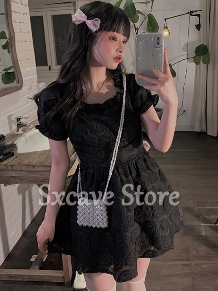 Bow Black Mini Dress Women Elegant Gothic Short Party Dress Female 2022 Summer Vintage One Piece Dress Korean Chic Kawaii Lolita