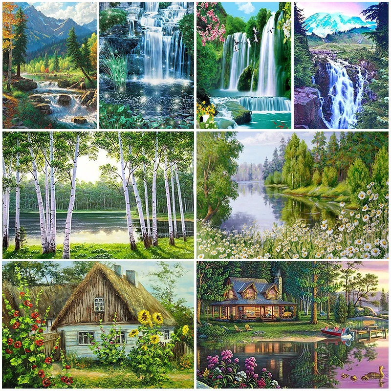 DIY Diamond Painting Green Tree Diamond Mosaic Landscape Fall Embroidery Rhinestone Full Round Diamond Cross Stitch Home Gift