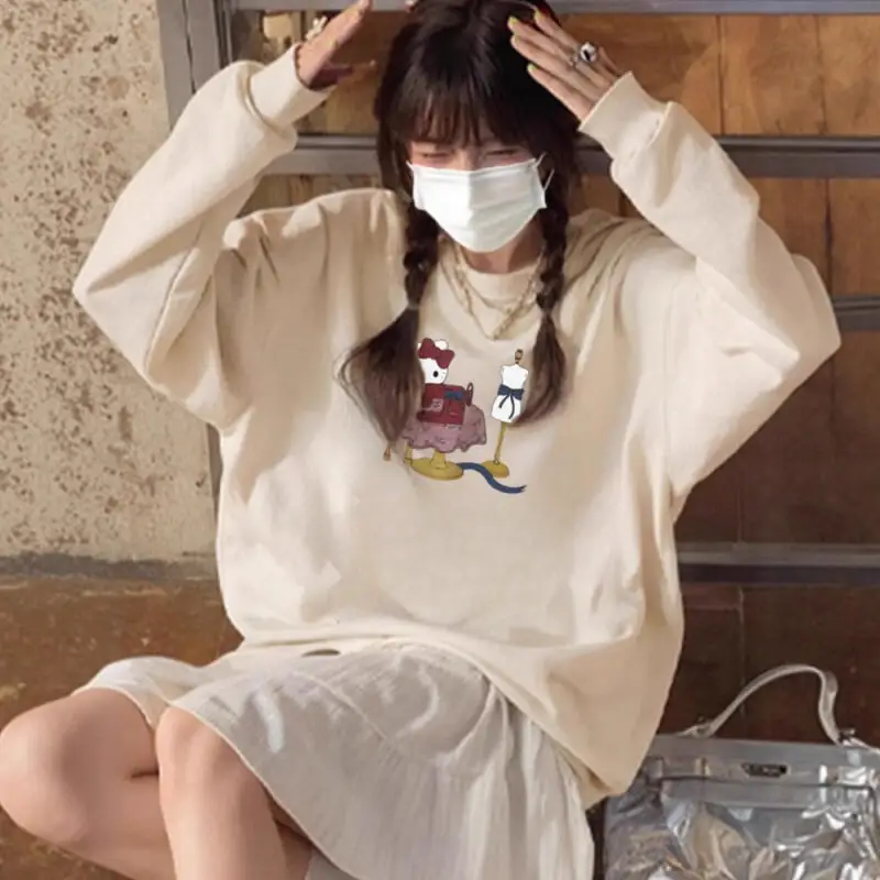 귀여운 고양이 프린트 긴팔 스웨트셔츠 여성용 캐주얼 아우터웨어 편안한 루즈핏 가을 겨울 신상 재미있는 만화 디자인