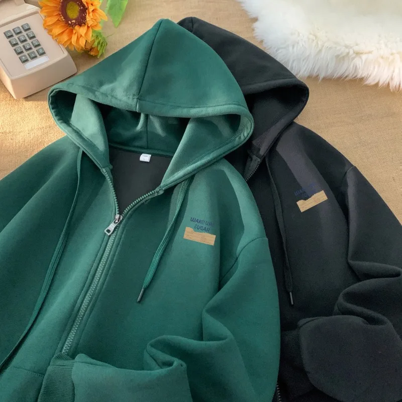 Dark Green Hooded Cardigan Sweatshirt Autumn Men Heavyweight Trend Daily Hoodie Sweatshirt Large Size Loose Zipper Hoodie Coat