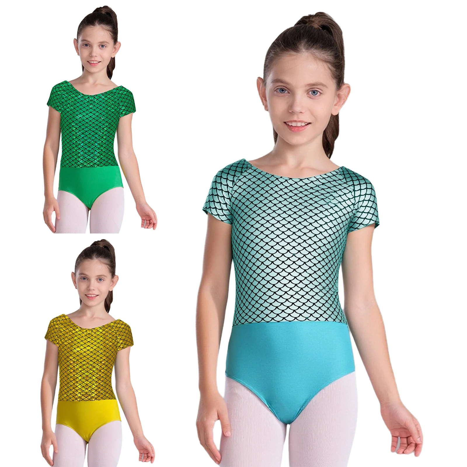 Justaucorps de Ballet imprimé écailles de poisson pour enfants filles, manches courtes, nœud papillon, dos découpé, gymnastique, danse sur scène, vêtements de danse