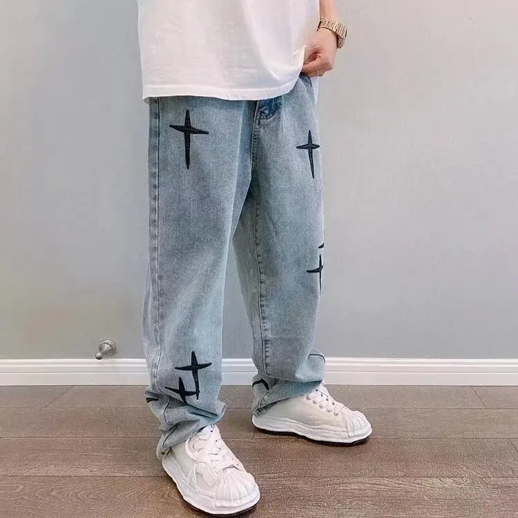 American style trendy hip-hop men and women retro washed ripped jeans loose and personalized straight leg wide leg casual pants