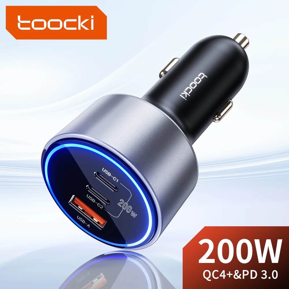 Toocki 200W Car Charger Quick Charge 4.0 PPS 45W PD 100W Fast Charging USB C Car Phone Charger for Macbook iPhone 15 14 Samsung