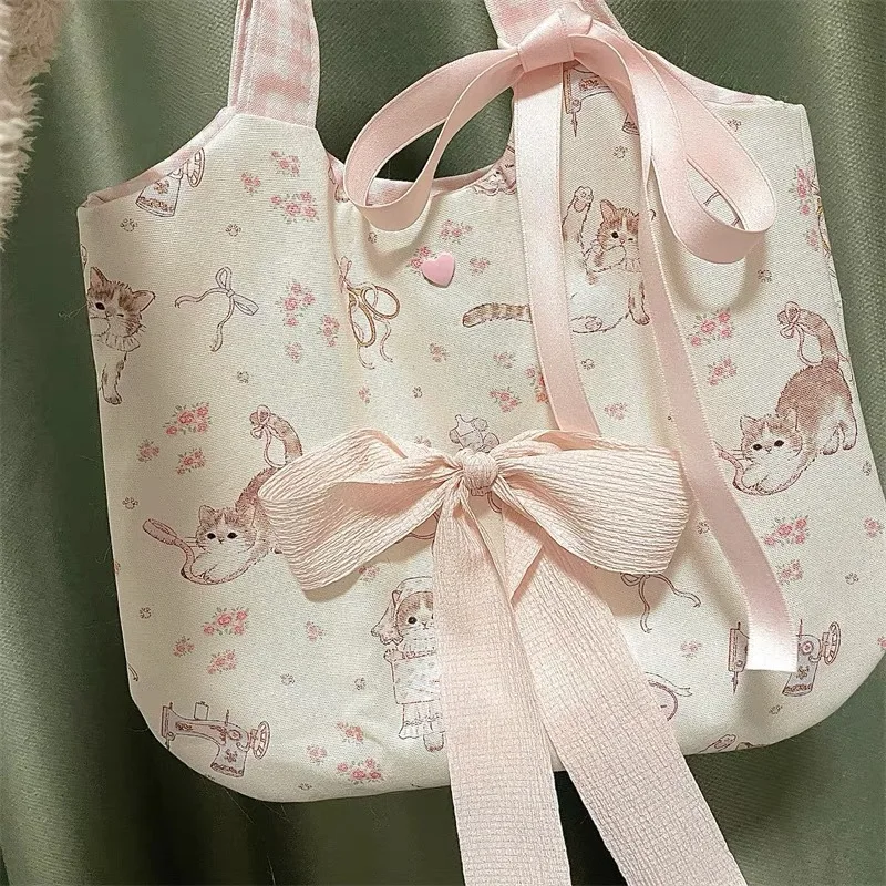 Sweet Cat Floral Print Student Handbag Lovely Girl Tote Bag Large Capacity Big Square Shoulder Bag Handbags