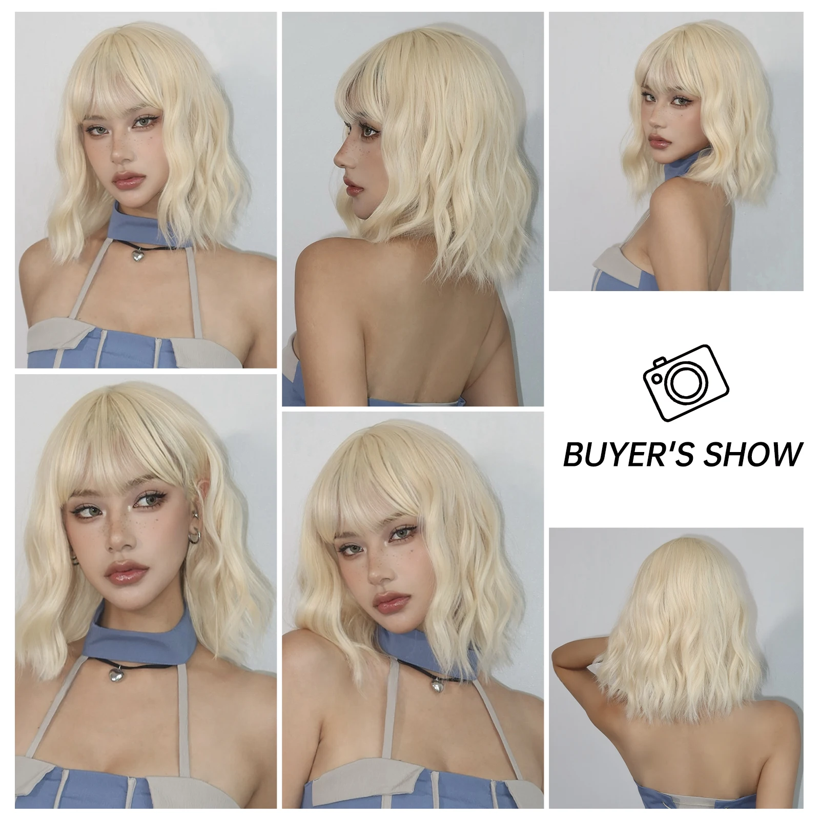 Beige Blonde Bob Wavy Synthetic Wigs with Bangs Short Cosplay Lolita Wigs for Women Afro DaiIy Natural Heat Resistant Fake Hair