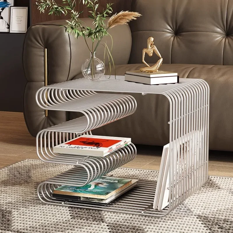Minimalist Metal End Table with Storage Modern Accent Tables for Sofa Creative Newspaper Display Rack Light Luxury Side Tables - Image 3