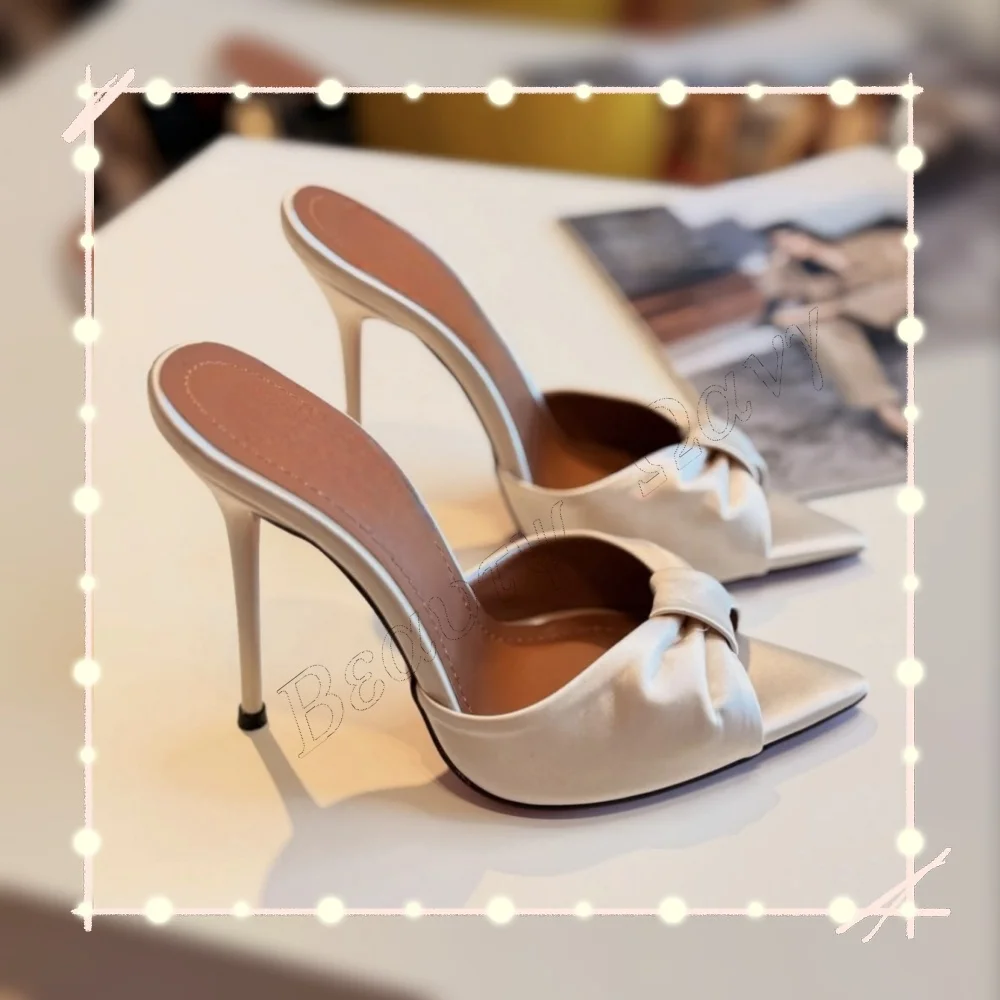 

Beige Bow Knot Slippers Pumps Slip on 12 cm Shallow Heels Patchwork Women Cover Heel Shoes for Women 2025 Zapatos Para Mujere