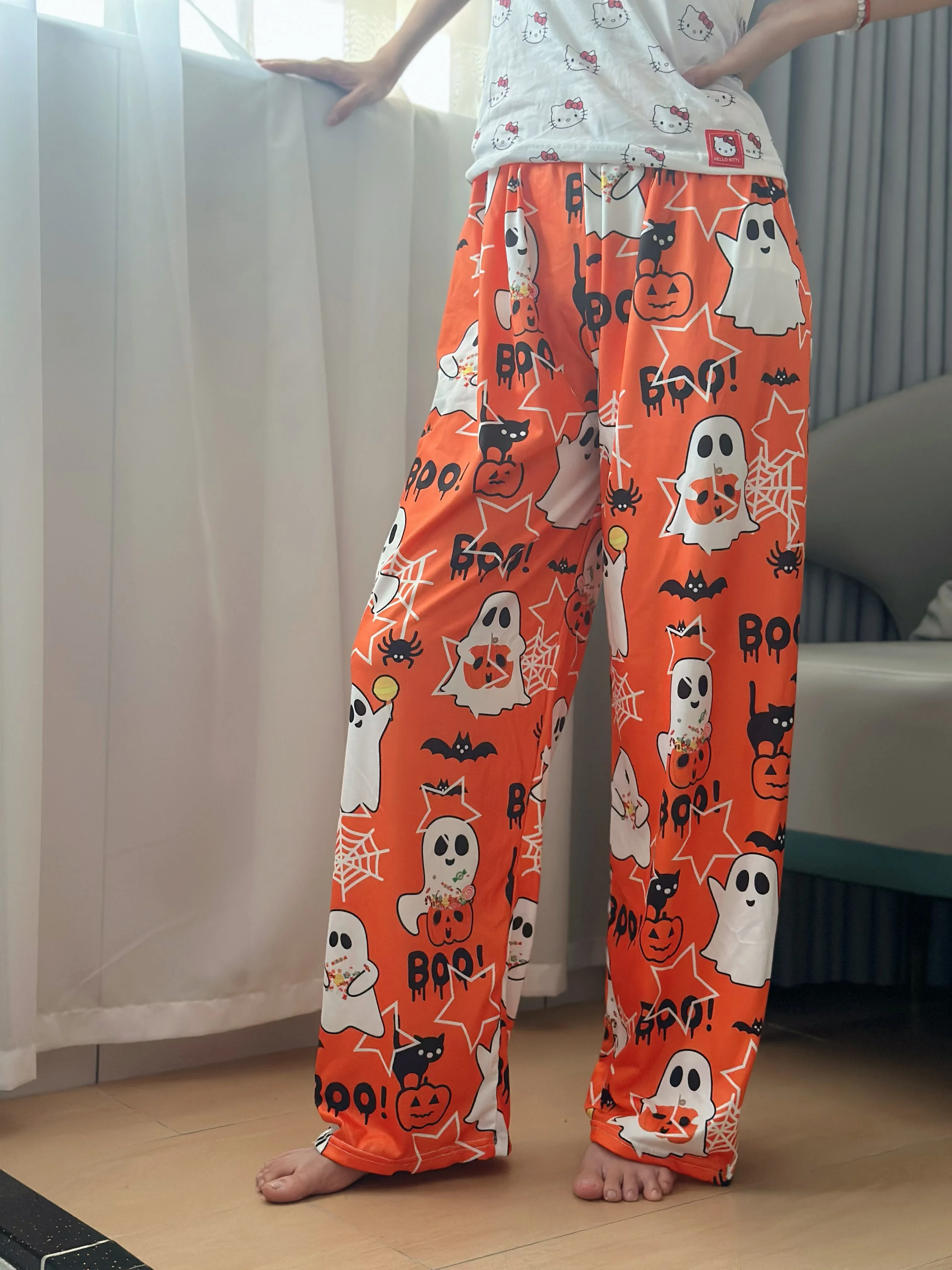 

Halloween Hello Kitty Home Pants Cartoon Flannel Pajama Autumn Winter Casual Trousers Loose Pants Ghost Pumpkin Pants Gift