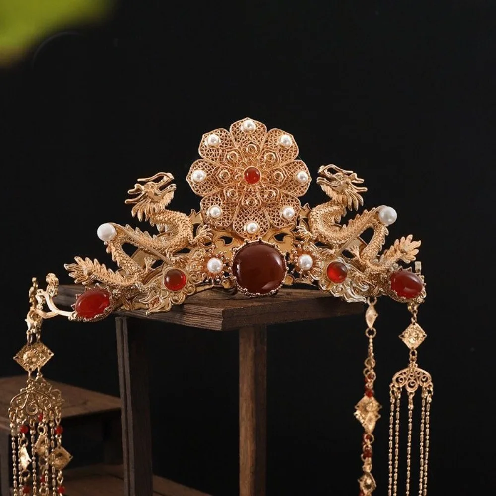Golden Bridal Hair Accessories New Chinese Style Ancient Royal Bride Coronet Fairy Rhinestone Hanfu Hair Crown Photography Prop