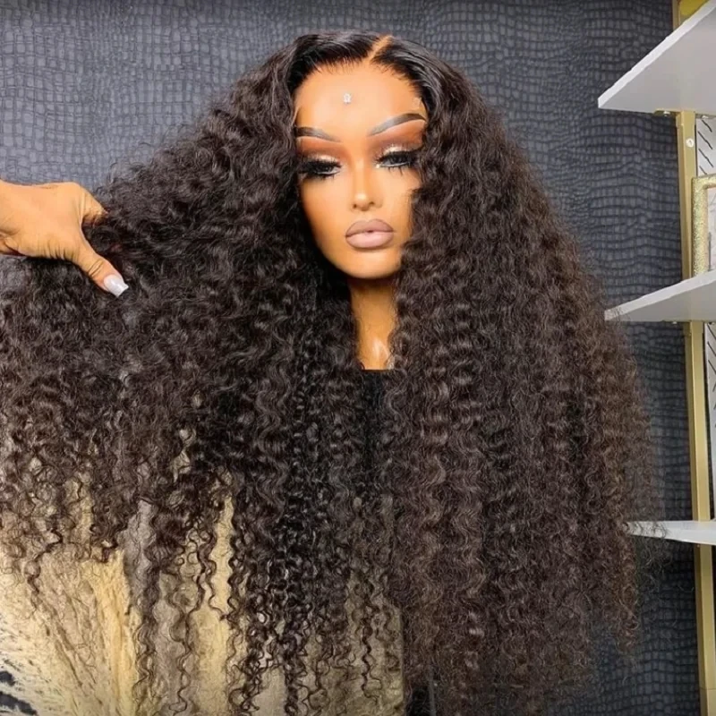 Synthetic Hair Glueless Black Soft 26Inch Long 180% Density Kinky Curly Deep Lace Front Wig For Women With BabyHair Daily