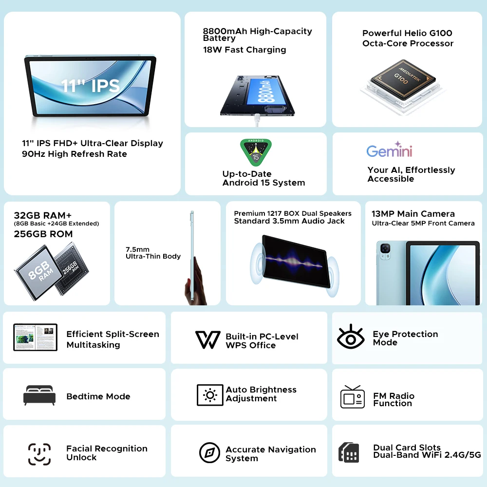 【Marke+】Doogee Tab E3 Tablet PC Android 15 Gemini Ai 11-Zoll Ultra-Clear 32 GB (8+24) 256 GB Helio G100 8800 mAh Akku Tablet