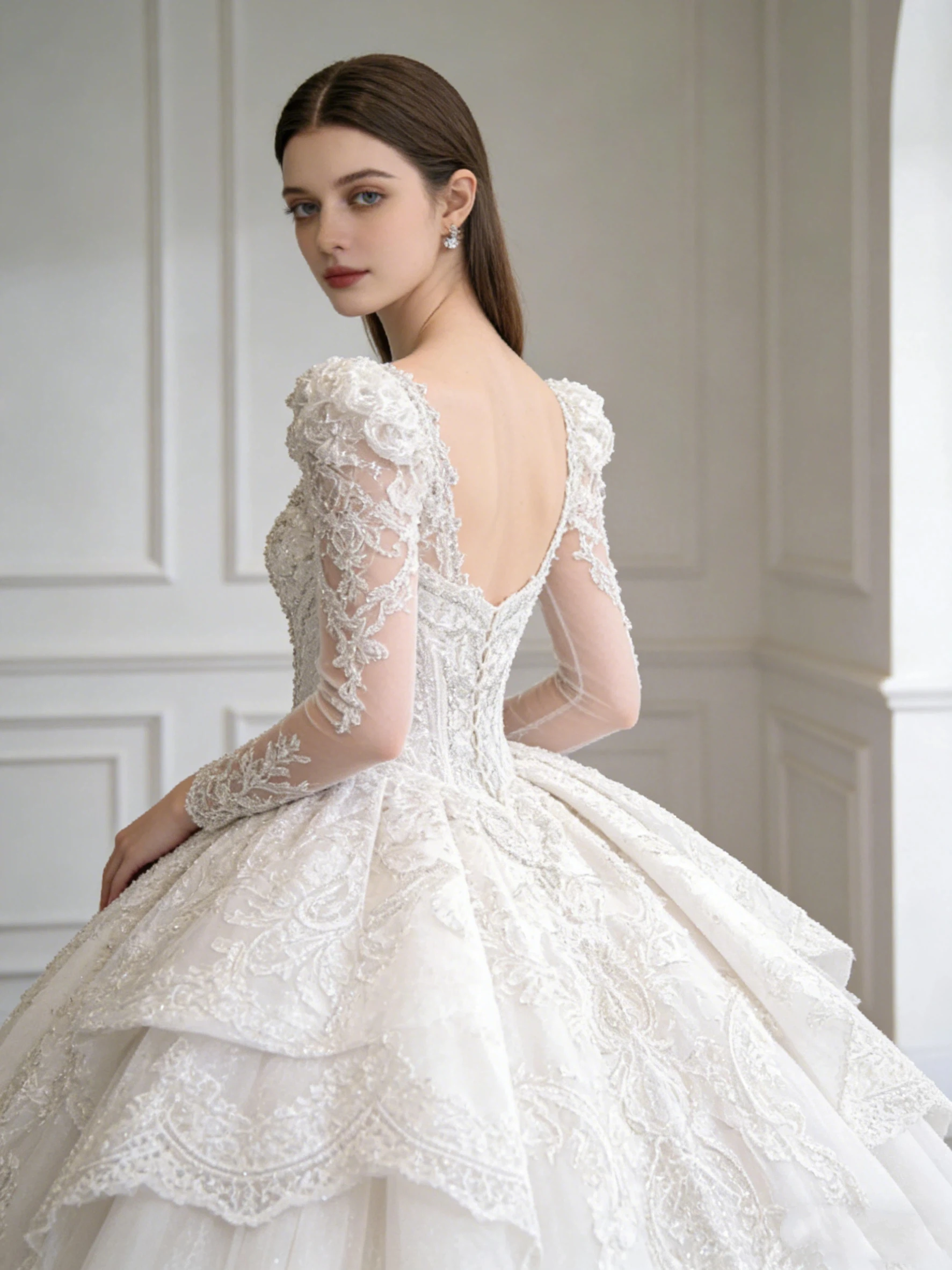 Luxury Crystal A-line Lace Bead Princess Wedding Dress Sexy Sweetheart Long Sleeve Robe De Mariée Bridal Gown Customized view 2