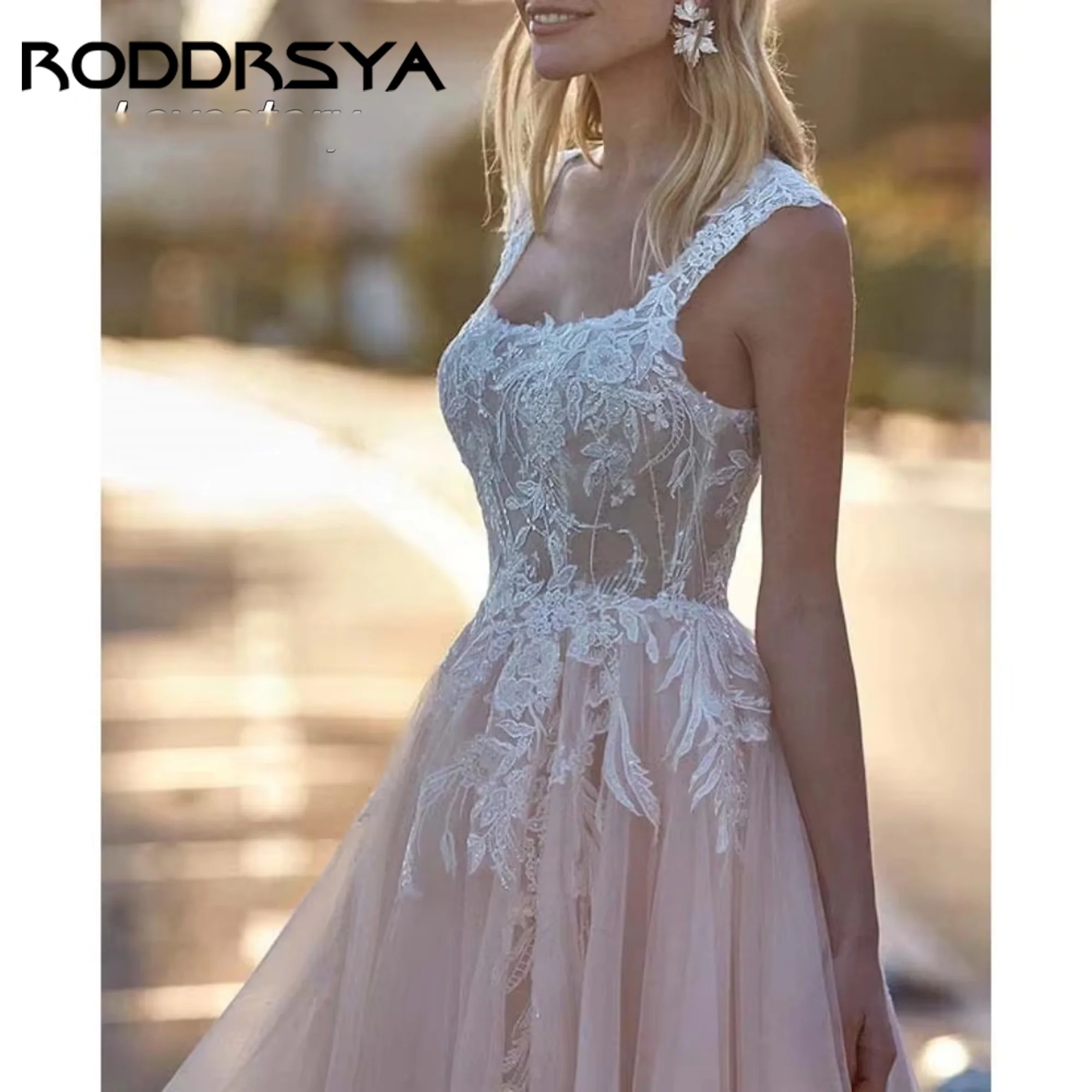 

A-Line Wedding Dresses Square Collar Applique Tulle Pink Tulle Bride Dress Tank Button Bridal Gown Vestido De Novia Customized