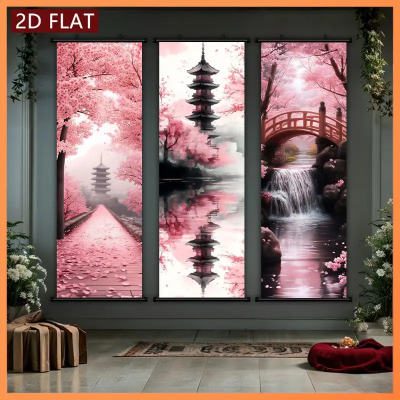 VIKAMA Sakura Pagoda Wall Tapestry Pink Cherry Blossom Bridge Waterfall Japanese Scroll Art Home Decor Cozy Room Soft Durable
