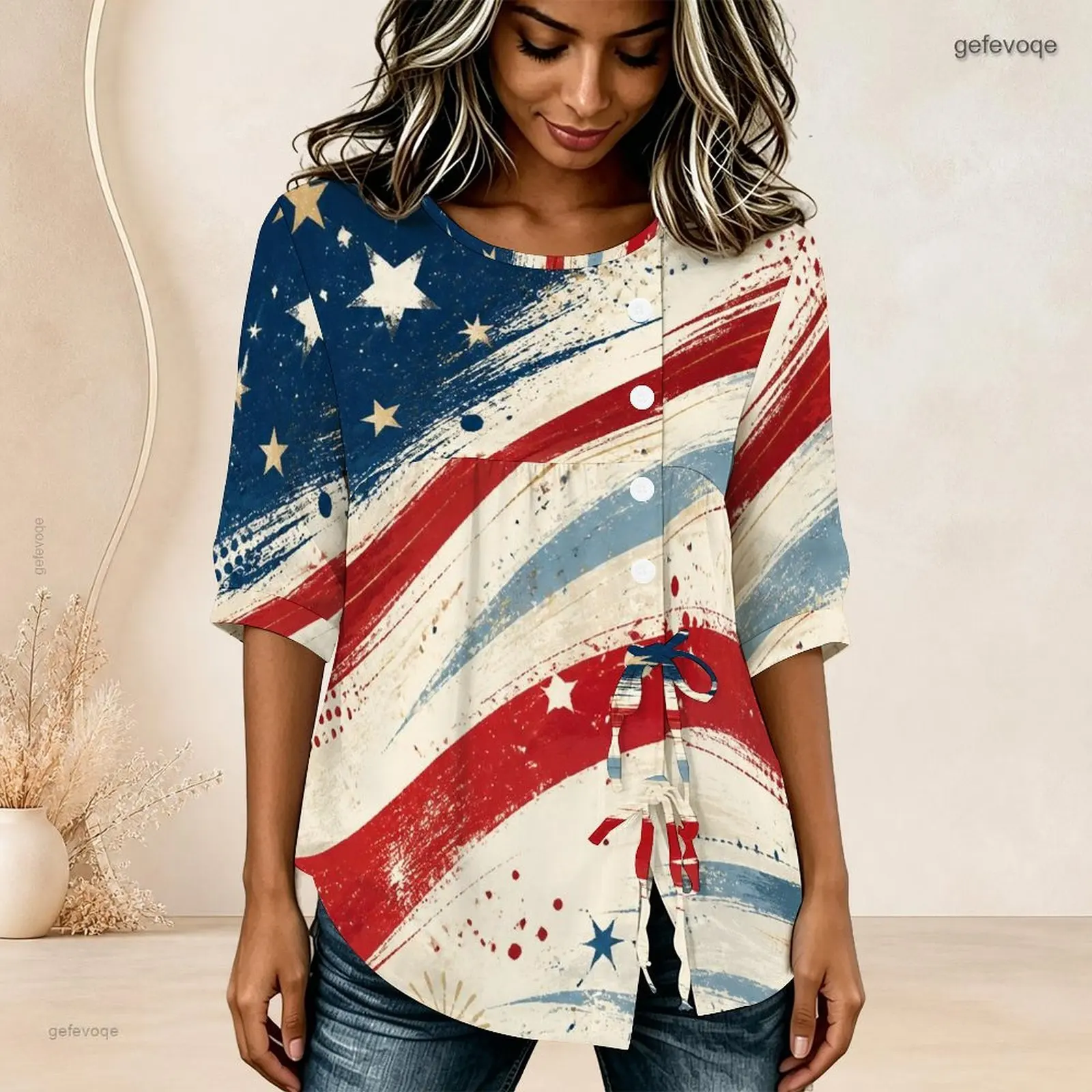 Round Neck Half Sleeve Gathered Front Button Detail Tie Hem Printed Blouse for Women