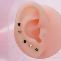 1PC Fashion Cute Minimalist Mini Heart Stud Earring Shiny Colorful Crystal CZ Screw-back Tiny Cartilage Piercing Earring Jewelry
