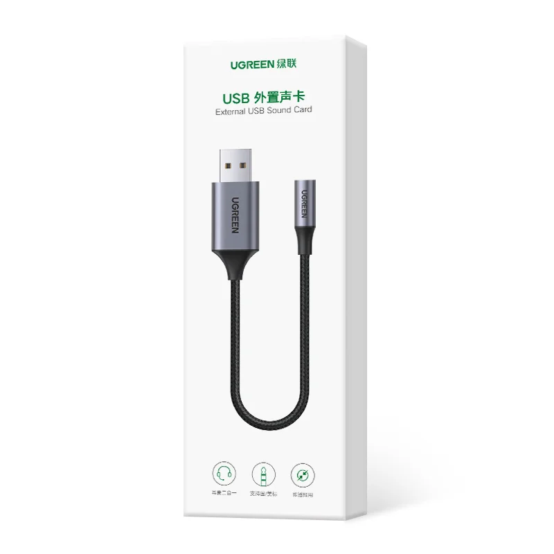 UGREEN USB 외장 사운드 카드 2 in 1 USB to 3.5mm 잭 오디오 어댑터 나일론 브레이디드 USB to Aux 잭