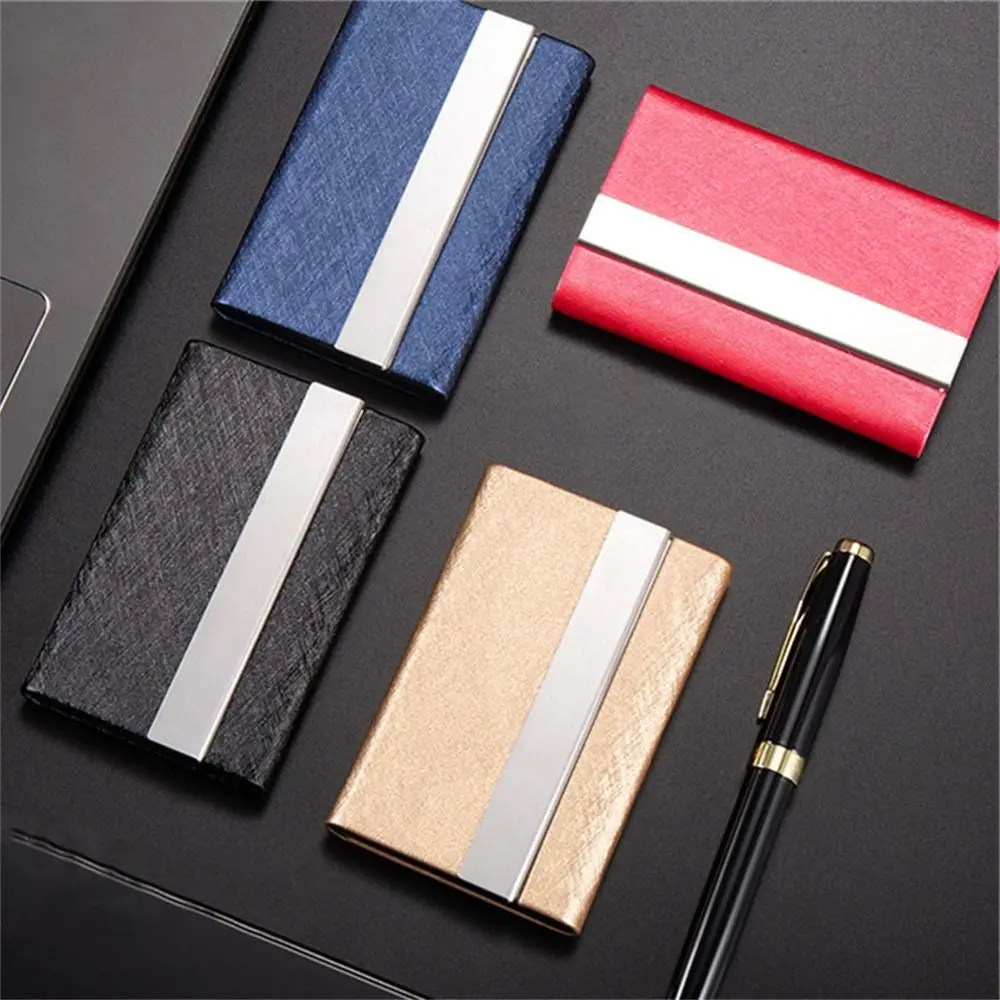 Capa de cartão de visita de couro pu, aço inoxidável, bolso fino, porta-cartão de nome, multicolorido, capa de identificação de metal, carteira, material de escritório